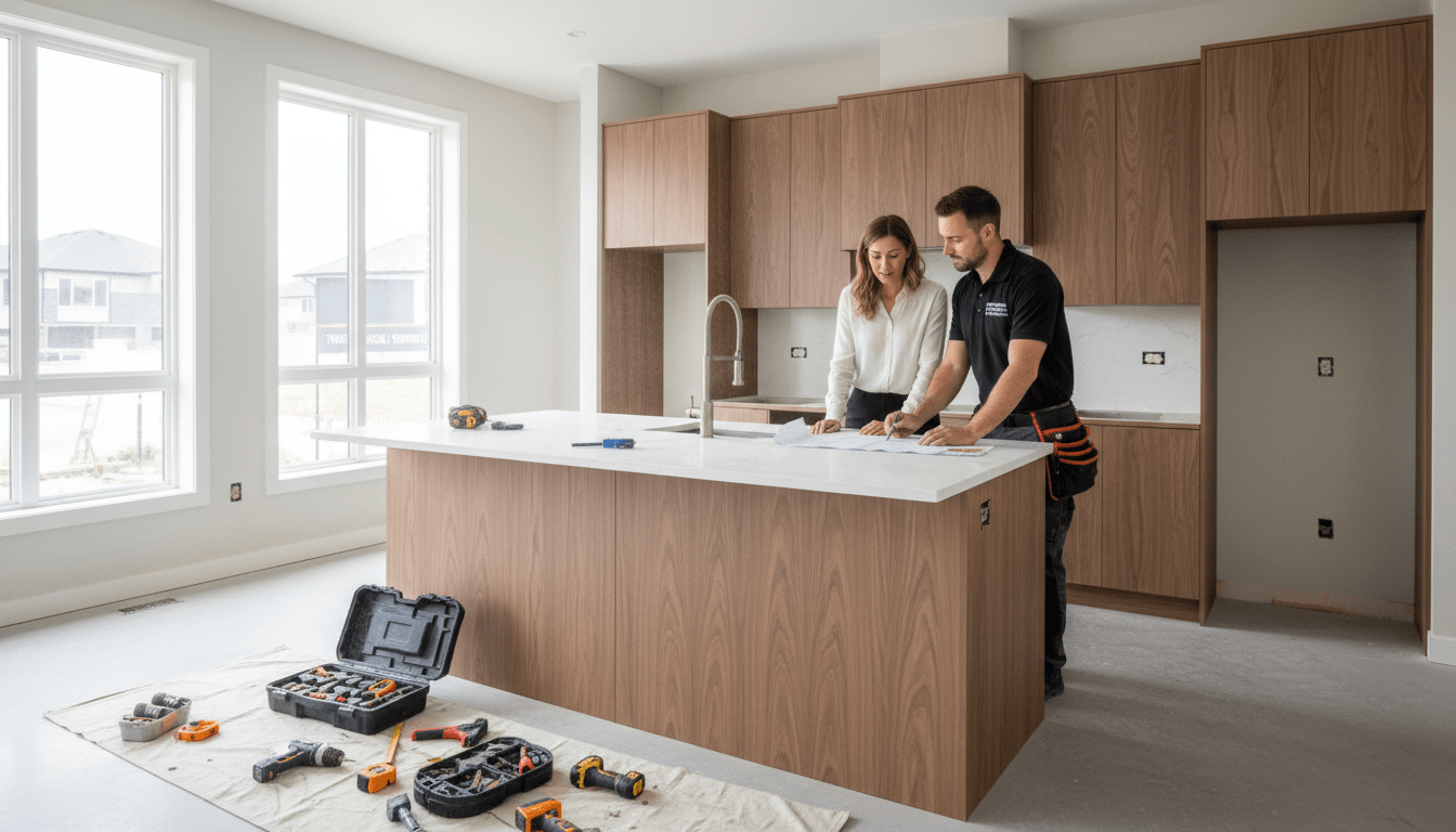 Professional contractor discussing kitchen renovation plans with homeowner at island counter during remodeling project Professional contractor discussing kitchen renovation plans with homeowner at island counter during remodeling project