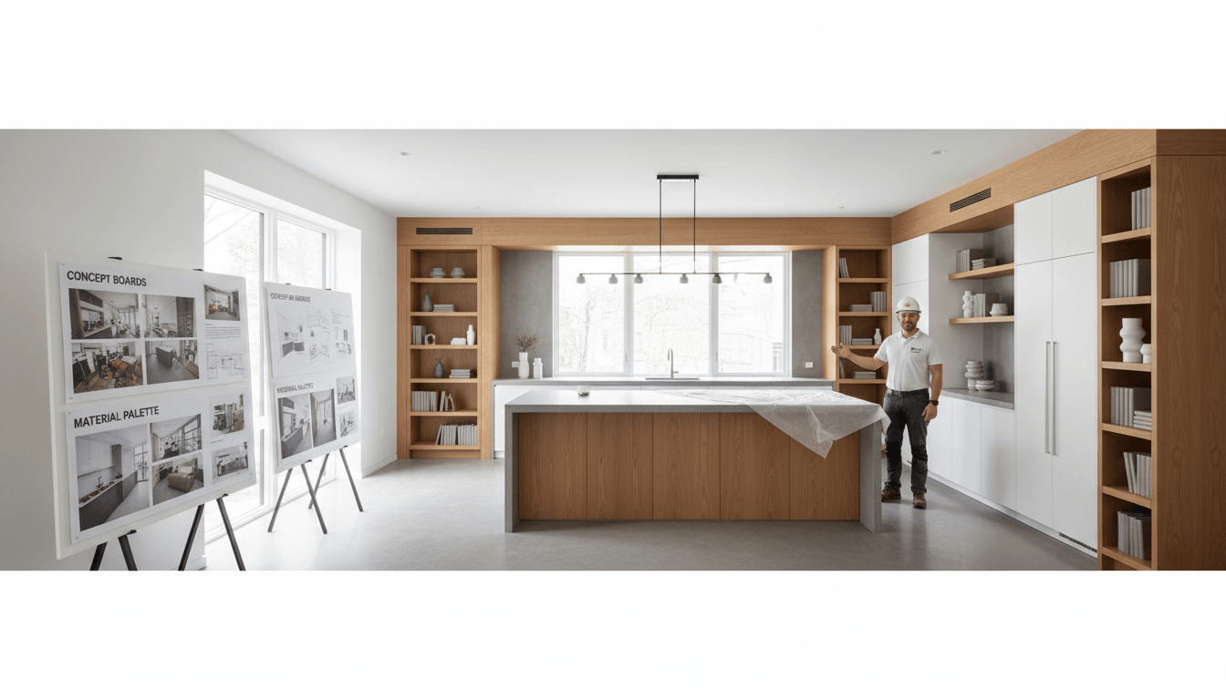 Completed kitchen renovation showing custom cabinetry, improved layout, and professional construction team in modern home space Completed kitchen renovation showing custom cabinetry, improved layout, and professional construction team in modern home space